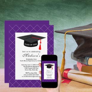 Purple Graduation Class of 20XX Black Grad Cap Invitation