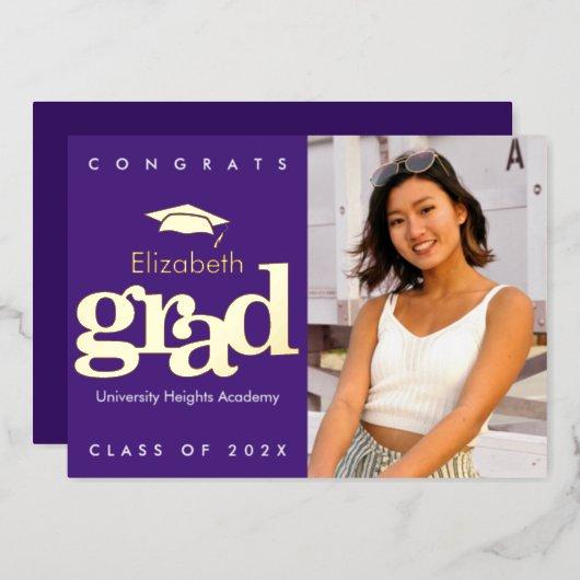 Purple graduation photo bold modern cap real gold foil invitation
