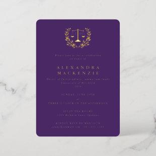 Purple JD Law Scales+Laurel Wreath Graduation Foil Invitation