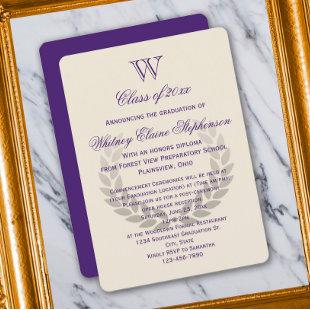 Purple Letter Monogram Classic College Graduation Invitation