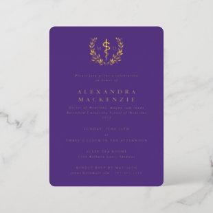Purple MD Asclepius+Laurel Wreath Graduation Party Foil Invitation