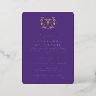 Purple MD Caduceus + Laurel Wreath Graduation Foil Invitation