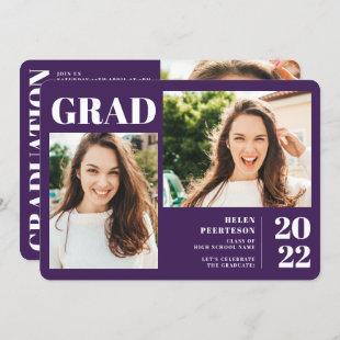 Purple minimalist modern 3 photos graduation invitation