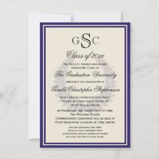Purple Monogram Laurel Classic College Graduation Invitation