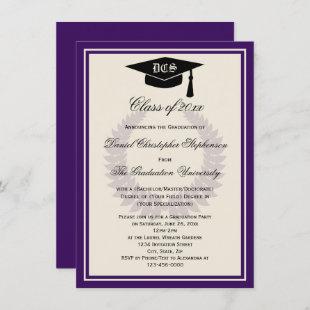 Purple Monogram Laurel Classic College Graduation Invitation