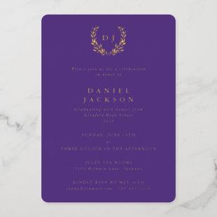 Purple Monogram + Laurel Wreath Graduation Foil Invitation
