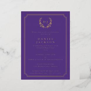 Purple Monogram + Laurel Wreath Graduation Foil Invitation