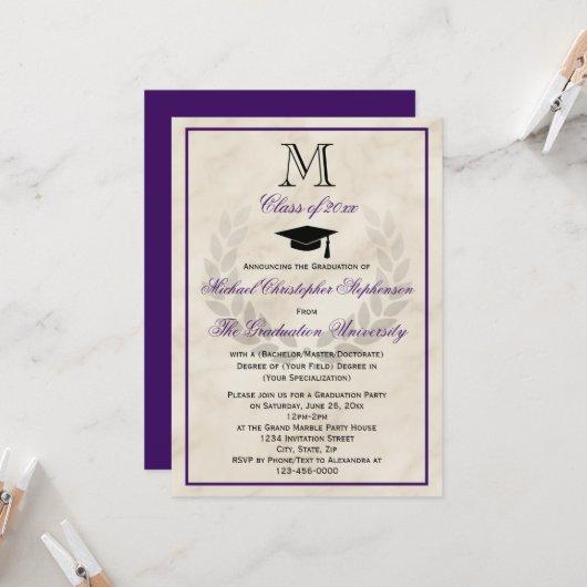 Purple Monogram Wreath Classic College Graduation Invitation