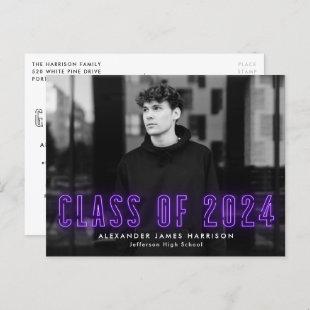Purple Neon Class of 2024 Photo Graduation Party Invitation Postcard