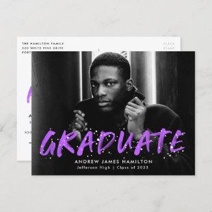 Purple Paint Splatter Photo Graduation Party Invitation Postcard