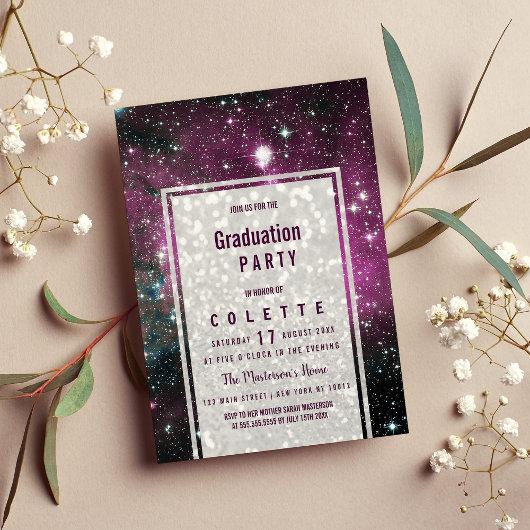 Purple pink white glitter nebula Graduation Party Invitation
