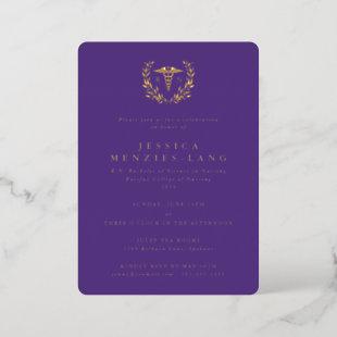 Purple Registered Nurse Caduceus+Laurel Wreath Foil Invitation
