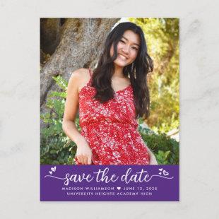 Purple Save the Date Graduation Photo Script Heart Invitation Postcard