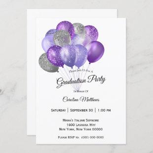 Purple Silver Balloons Graduation Invitation