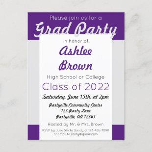Purple Silver Bold Grad Party Graduation Invitation Postcard
