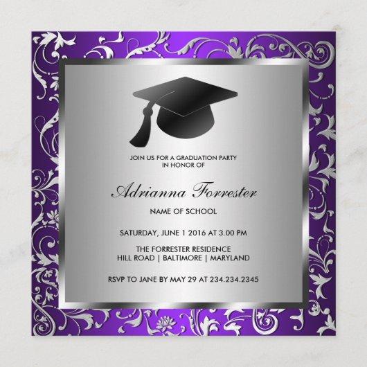 Purple Silver Floral Pattern Black Graduation Hat Invitation