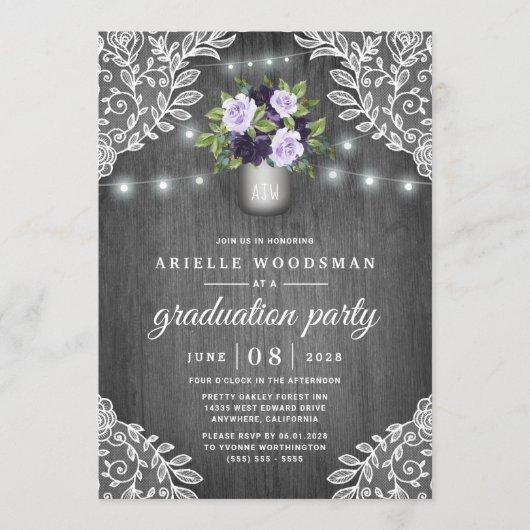 Purple Silver Gray Floral Rustic Graduation Party Invitation