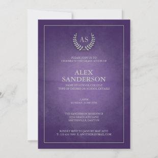 Purple & Silver Monogram/Laurel Wreath Graduation Invitation