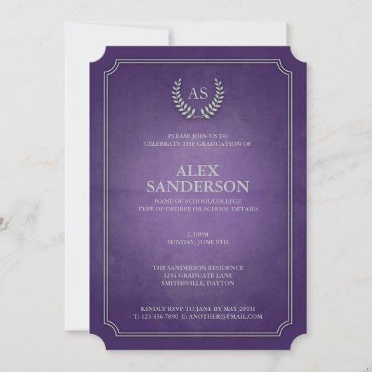 Purple & Silver Monogram/Laurel Wreath Graduation Invitation