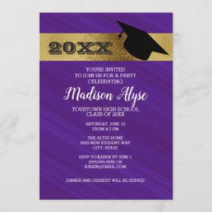 Purple Violet with Gold and Graduation Cap Party Invitation