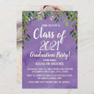 Purple w/Leaves Photo Graduation Party Invitation