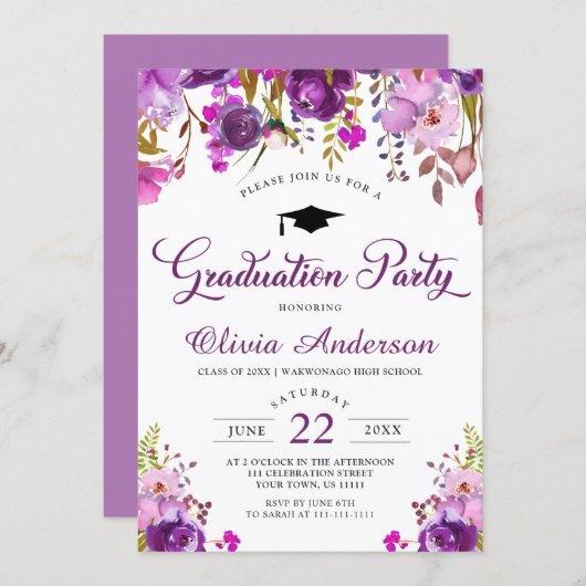 Purple Watercolor Floral Modern Graduation Party Invitation