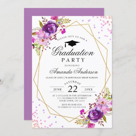 Purple Watercolor Floral Modern Graduation Party Invitation