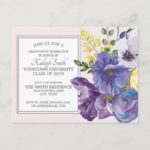 Purple Watercolor Floral on Pink Graduation Party Postcard