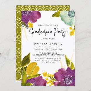 Purple Watercolor Flowers Graduation Party Invitation