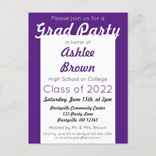 Purple White Bold Grad Party Graduation Invitation Postcard
