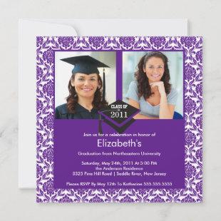 Purple & White Damask Photo Graduation Invitation