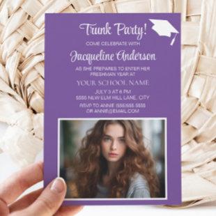 Purple White Graduation Cap Trunk Party Photo Invitation