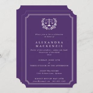 Purple/White JD Law Scales + Laurel Graduation Invitation