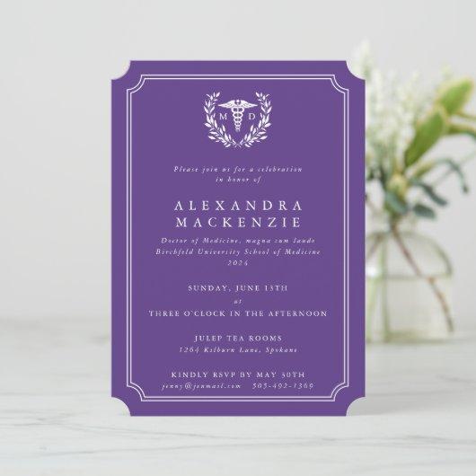 Purple/White MD Caduceus Graduation Invitation