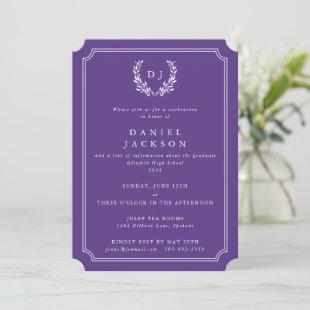 Purple/White Monogram Laurel Wreath Graduation Invitation
