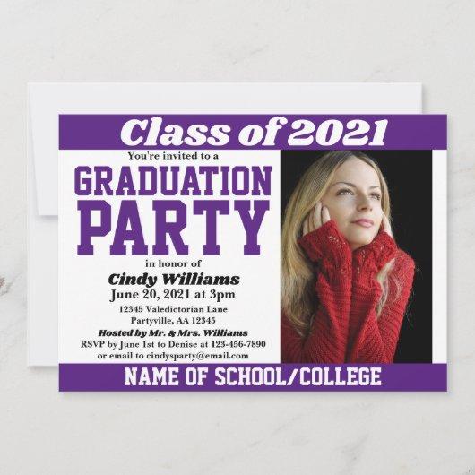 Purple White School Colors Photo Graduation Invitation