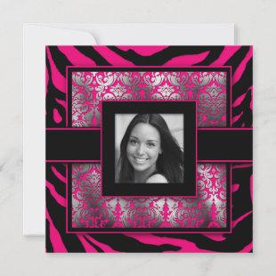 Quinceanera Grad Zebra Damask Pink Black Photo Invitation