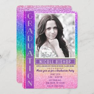 Rainbow Glitter Graduation Party Graduate Photo Invitation
