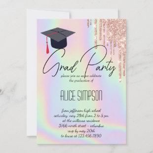 Rainbow Holographic  Drip Graduation Invitation