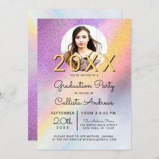 Rainbow Holographic Glitter Ombre Photo Graduation Invitation