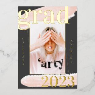 Real Gold Pink Gray Watercolor Photo Graduation Foil Invitation