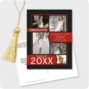 Red 5-Photo Collage Graduation Announcement Postcard