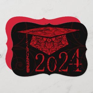 Red and Black Floral Cap 2024 Graduation Party Invitation