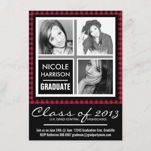 Red and Black Plaid Gingham 3 Photo Grad Party Invitation