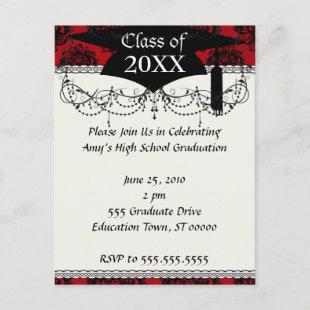 red and black romantic damask graduation invitation