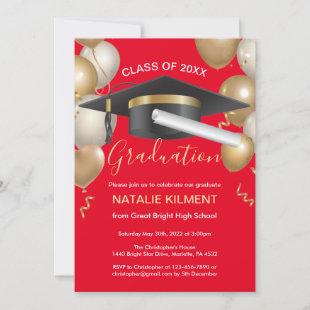 Red and Gold Graduate Cap Graduation Party Invitation