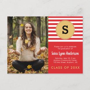 Red and Gold Monogram Graduation Party Invitation Postcard