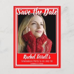 Red and White Save the Date Graduation Announcement Postcard
