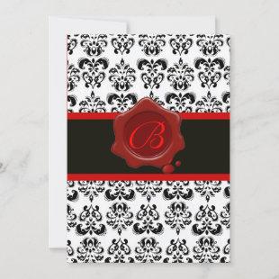 RED, BLACK AND WHITE DAMASK ,WAX SEAL MONOGRAM INVITATION
