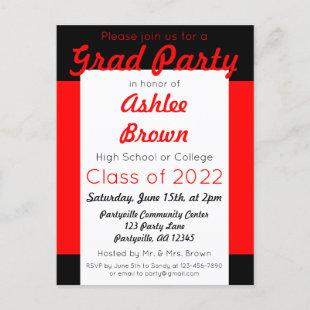 Red Black Bold Grad Party Graduation Invitation Postcard